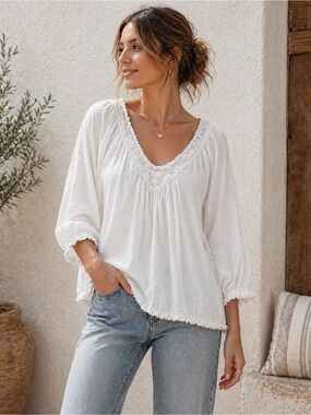 Zashi Boho Cottagecore Peasant Blouse White Cotton Lace coastal Flowy Small
